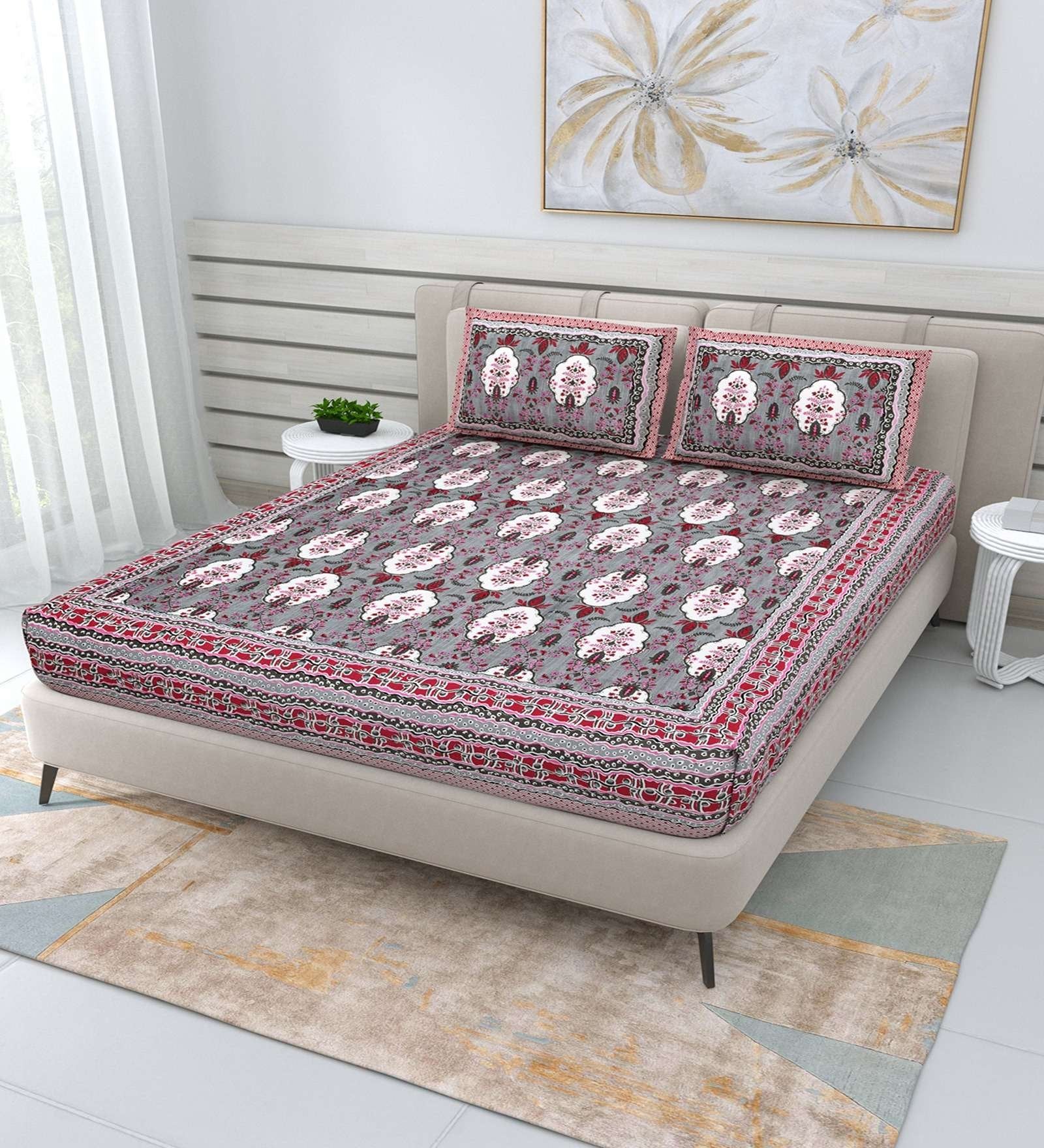 100% Pure Cotton Traditional Printed Bedsheet for Double Bed King Size Bedsheet with 2 Pillow Covers