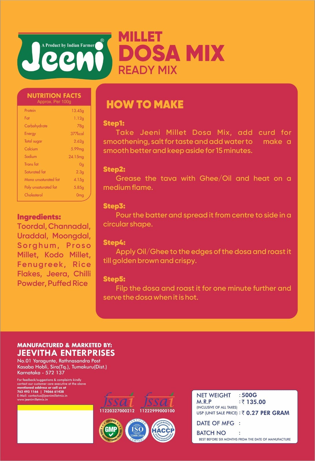 Jeeni Millet Dosa Mix - 500 gms