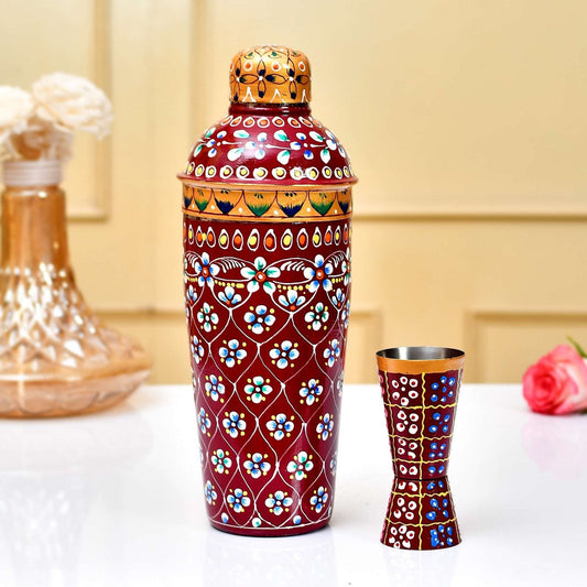 Aluminum Hand-Painted Red Aluminium Water Bottle & Glass Set with Floral Design