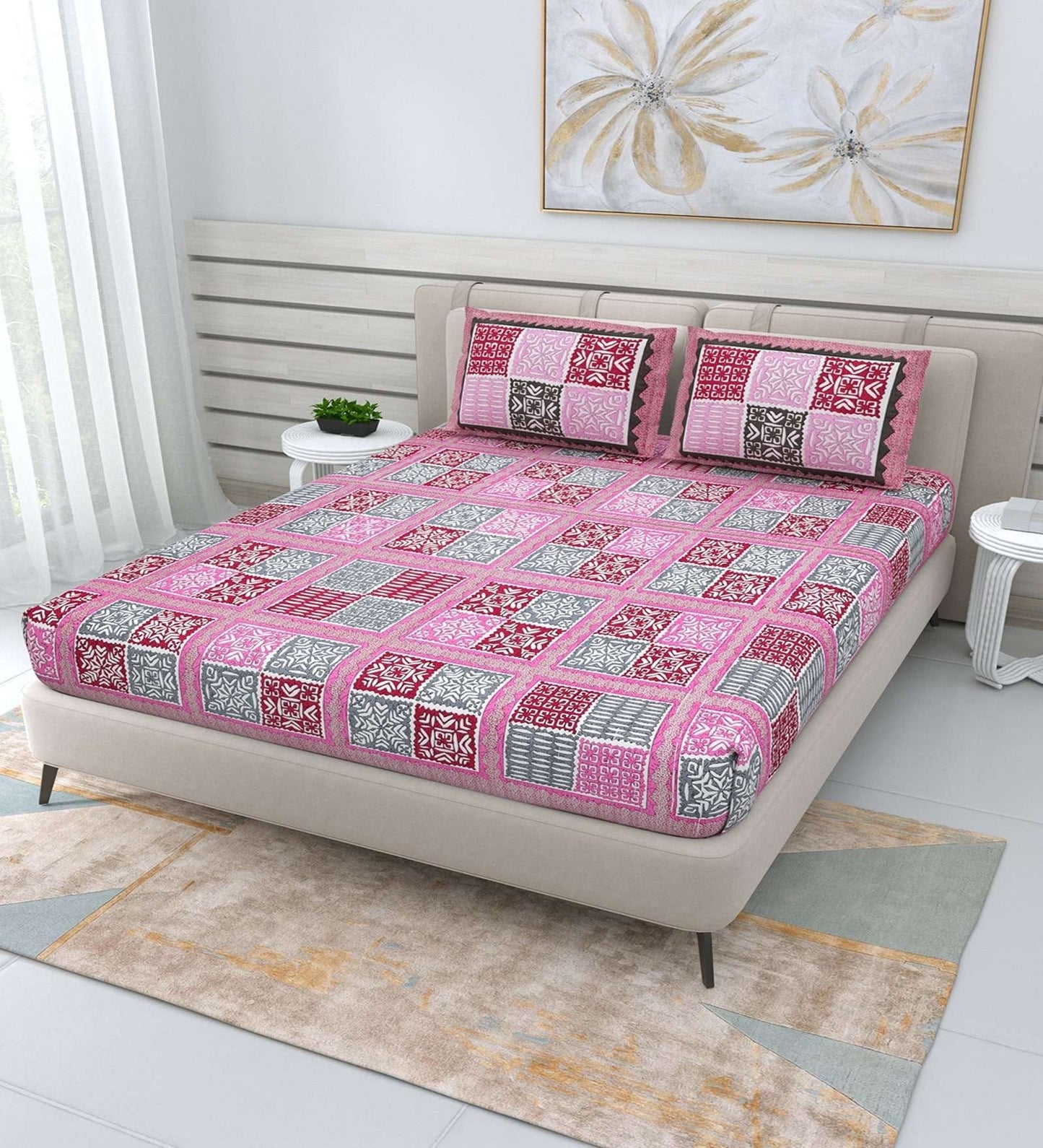 100% Pure Cotton Traditional Printed Bedsheet for Double Bed King Size Bedsheet with 2 Pillow Covers