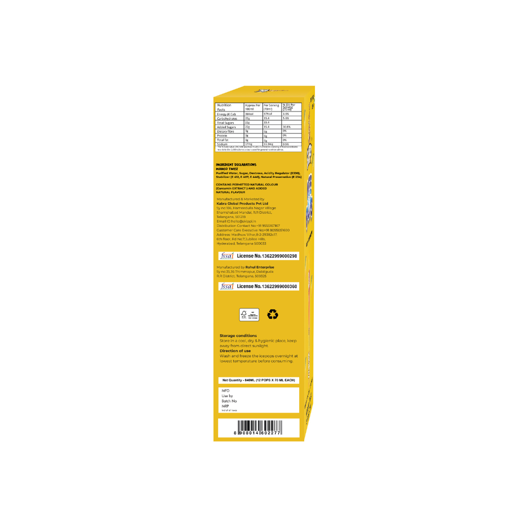 Mango Twist Flavor Skippi Natural Ice Pop, Pack of 12 Ice Pops