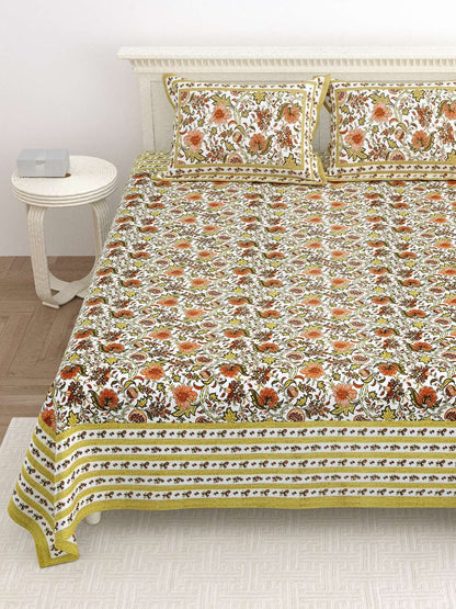 100% Pure Cotton Traditional Printed Bedsheet for Double Bed King Size Bedsheet with 2 Pillow Covers