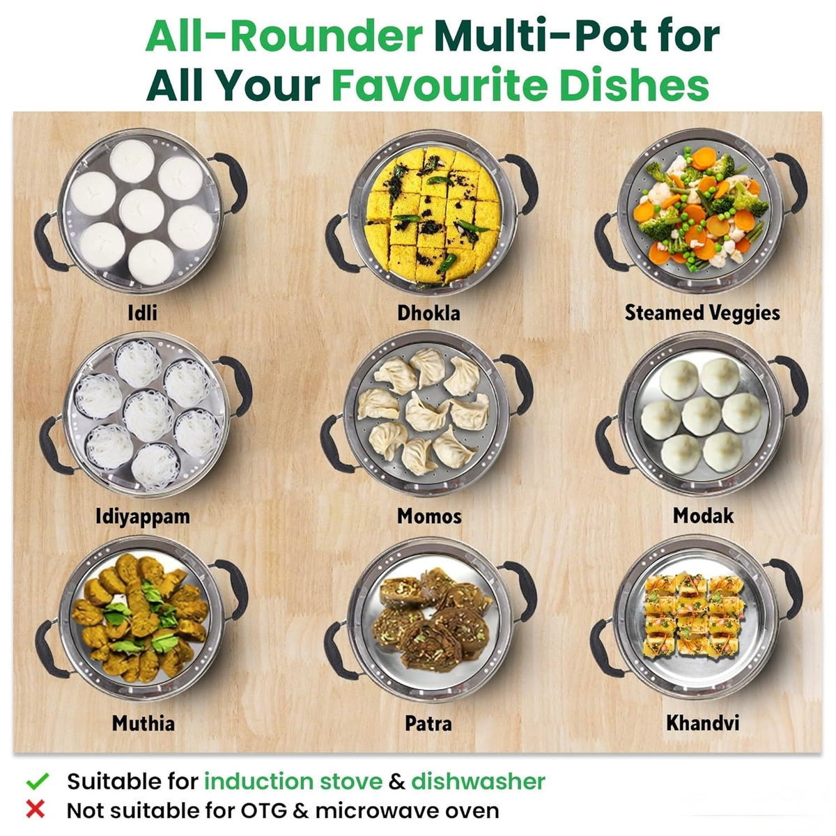 Esspy Stainless Steel Idli Maker/Momo Maker/Multi Kadai/Steamer Set|Large, 5 Plates, 2 Idli|2 Dhokla|1 Steamer|29Cm/11.3 Inch, 4.2Ltr, 2.5Kg|3-Layer Thick Bottom|Induction Friendly
