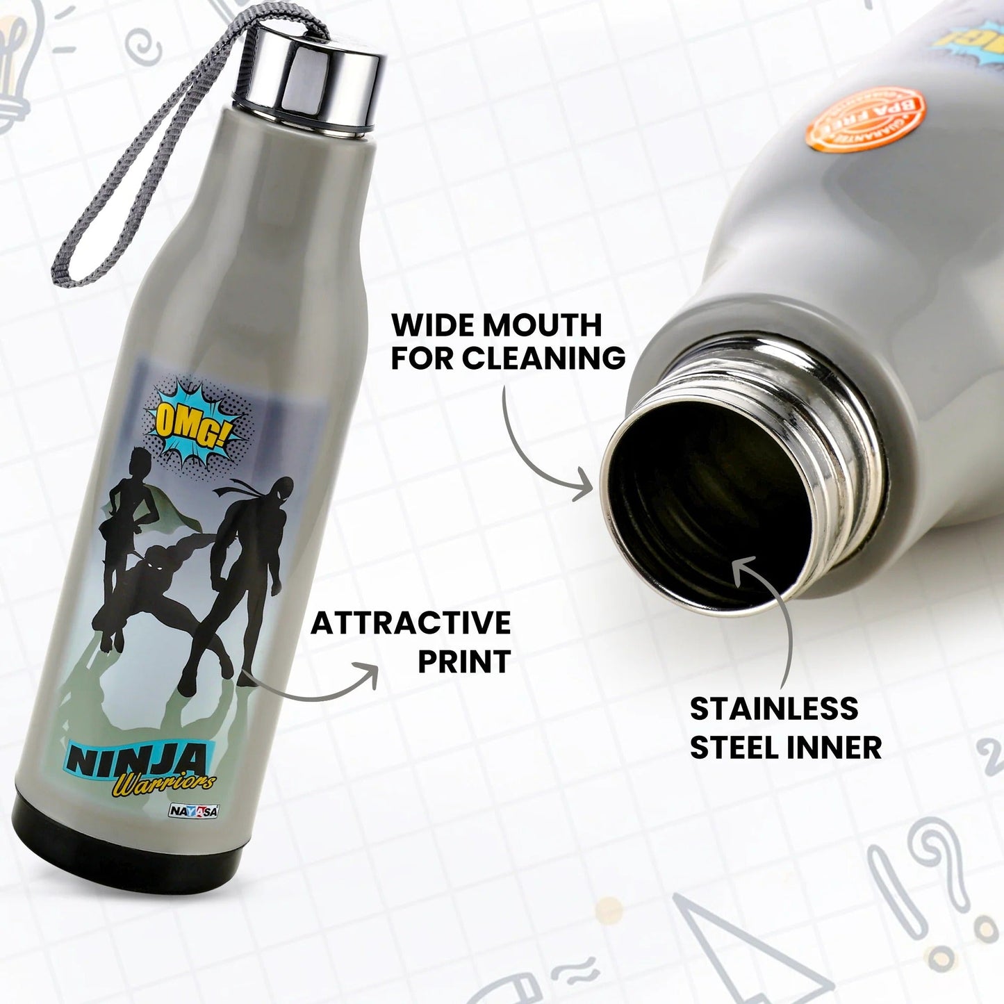 Nayasa Whip 600ml Cartoon Print Water Bottle with Steel Inner