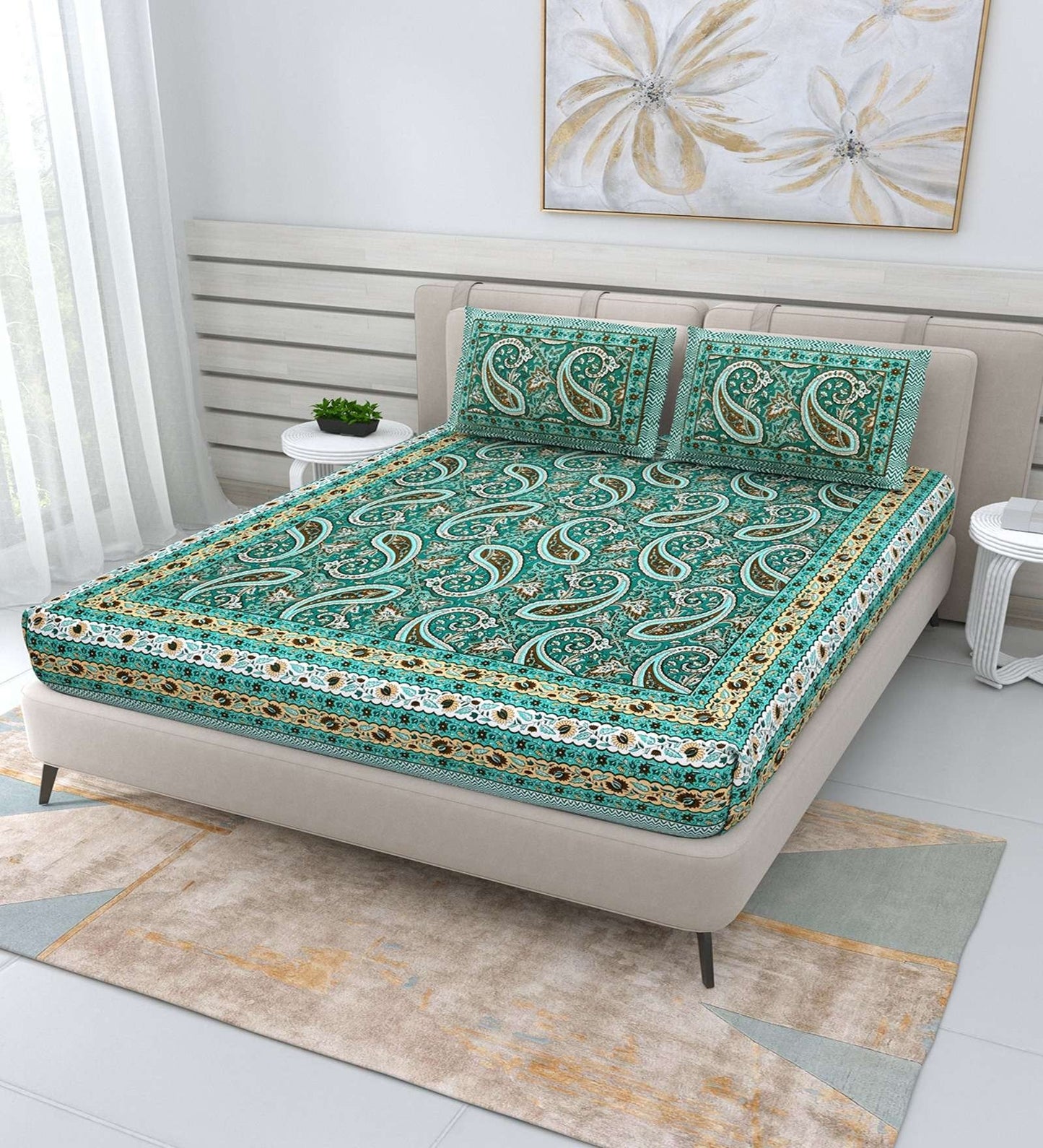100% Pure Cotton Traditional Printed Bedsheet for Double Bed King Size Bedsheet with 2 Pillow Covers