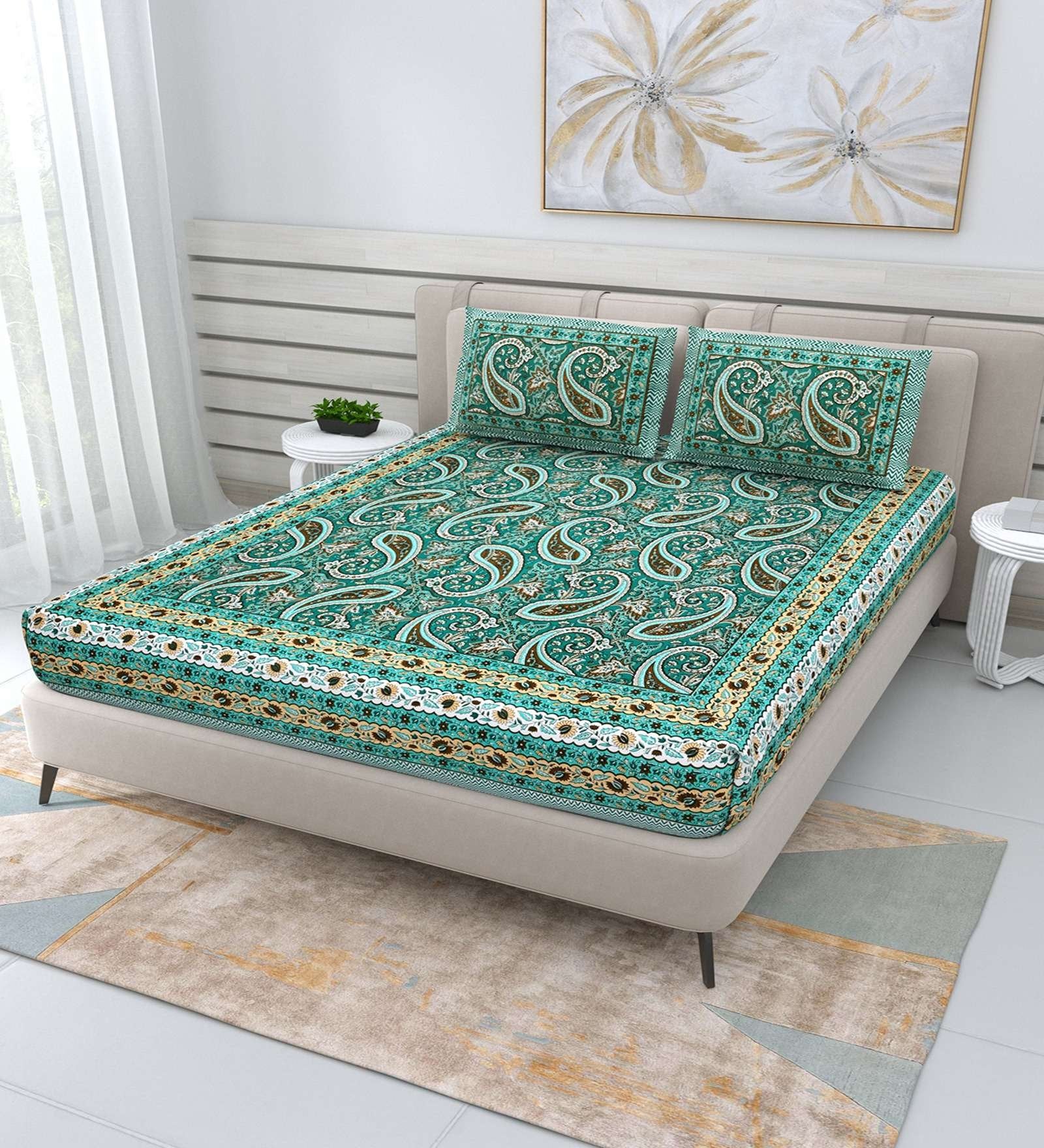 100% Pure Cotton Traditional Printed Bedsheet for Double Bed King Size Bedsheet with 2 Pillow Covers