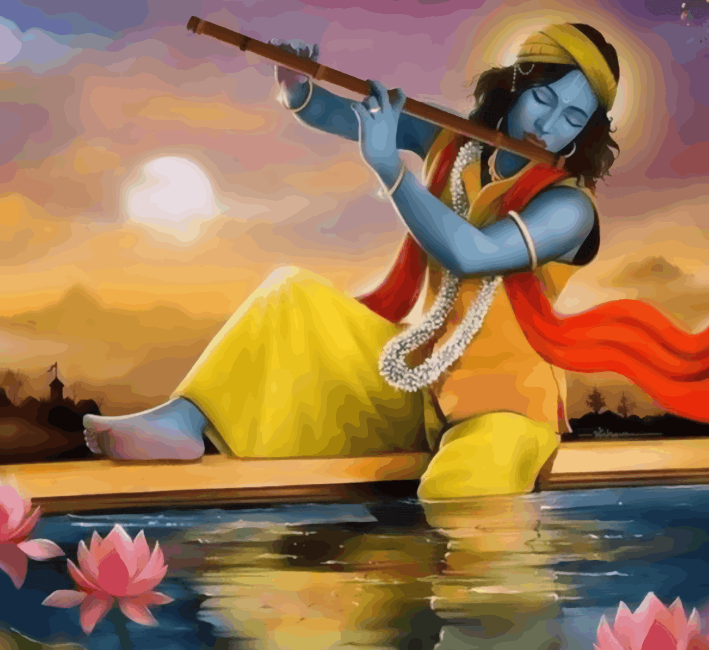 Shree Krishna playing flute during sunset - Janmasthami