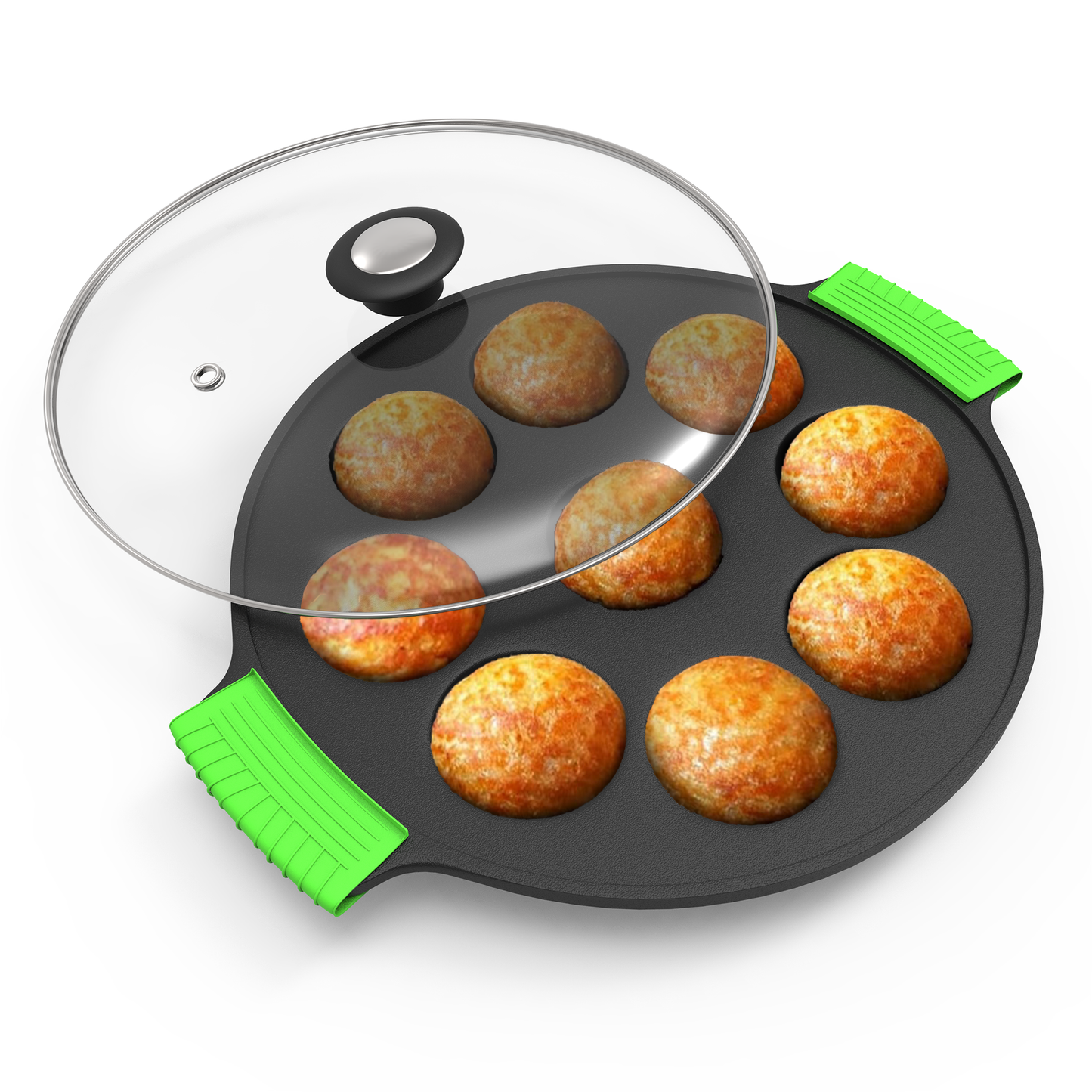 Esspy 9 Pit Pre-Seasoned Cast Iron Paniyaram Pan With Silicon Handle & Glass Lid| Non-stick | Induction Friendly | Appe/Paddu Pan | 100% Pure & Toxin-Free | Gunta Ponganalu/Paddu | Cast Iron Cookware