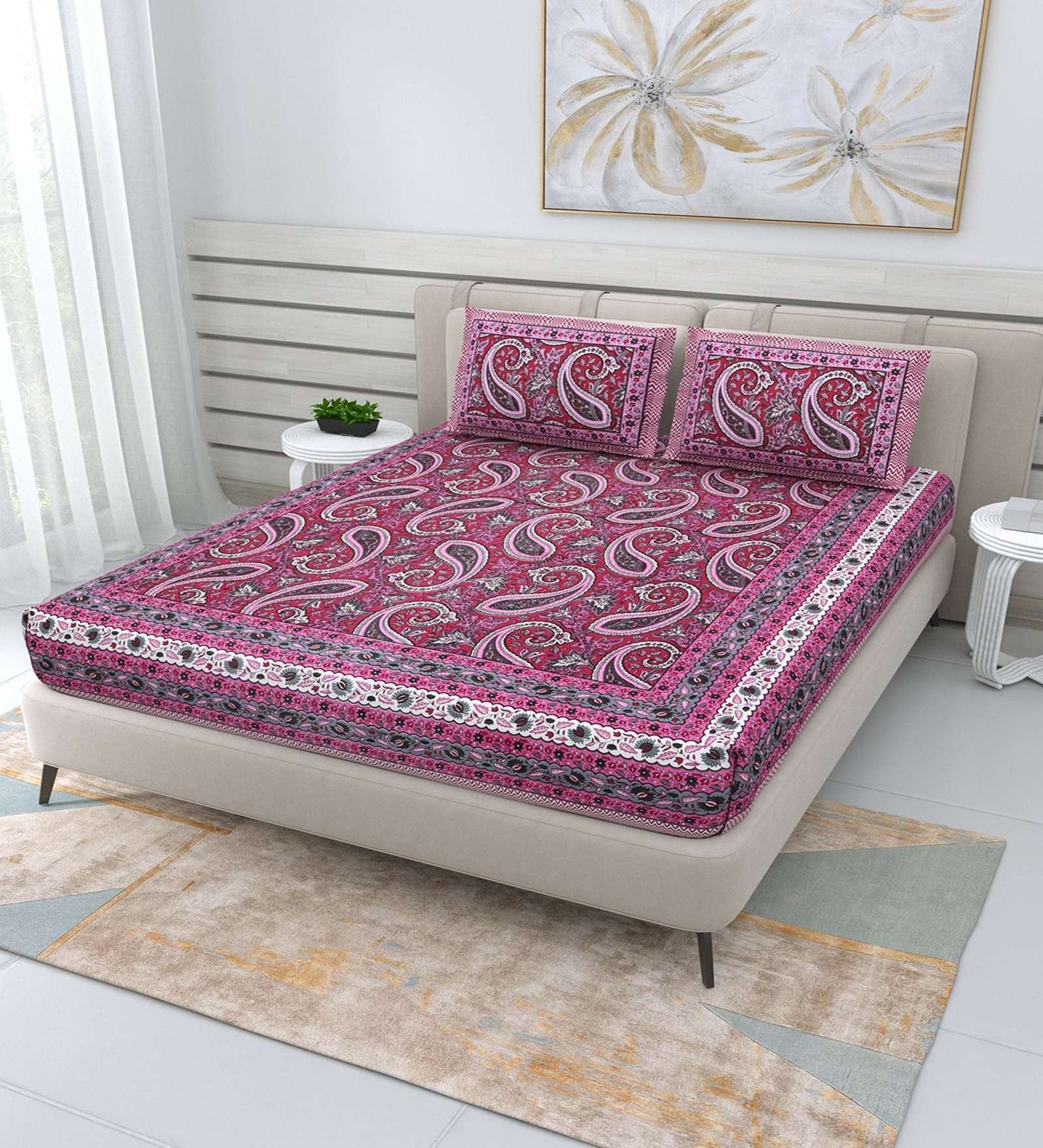 100% Pure Cotton Traditional Printed Bedsheet for Double Bed King Size Bedsheet with 2 Pillow Covers