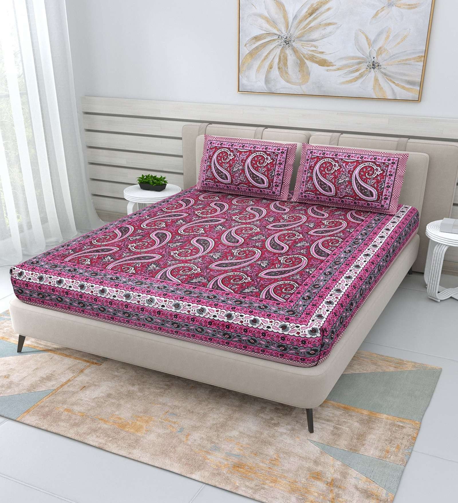 100% Pure Cotton Traditional Printed Bedsheet for Double Bed King Size Bedsheet with 2 Pillow Covers