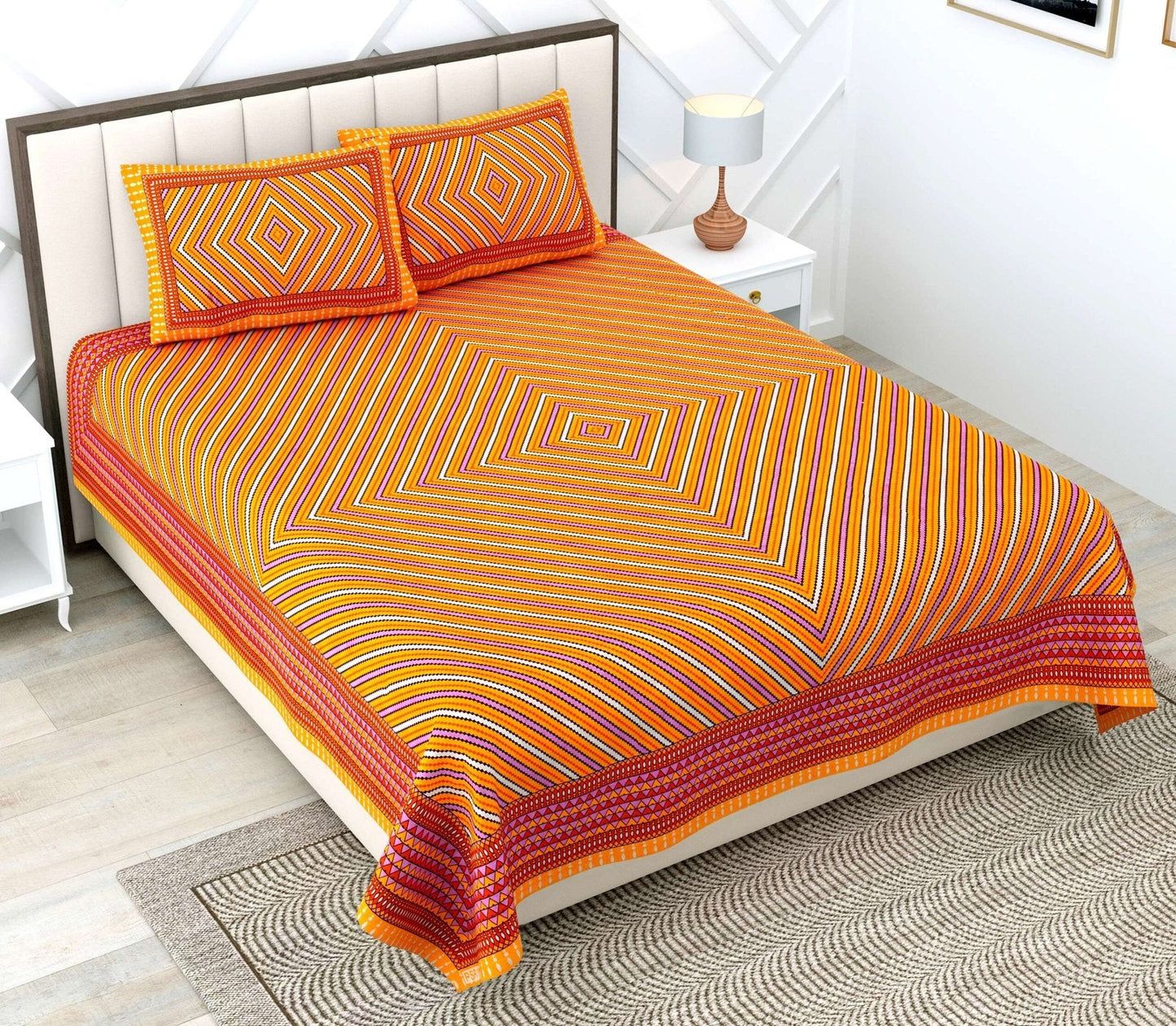 100% Pure Cotton Traditional Printed Bedsheet for Double Bed King Size Bedsheet with 2 Pillow Covers