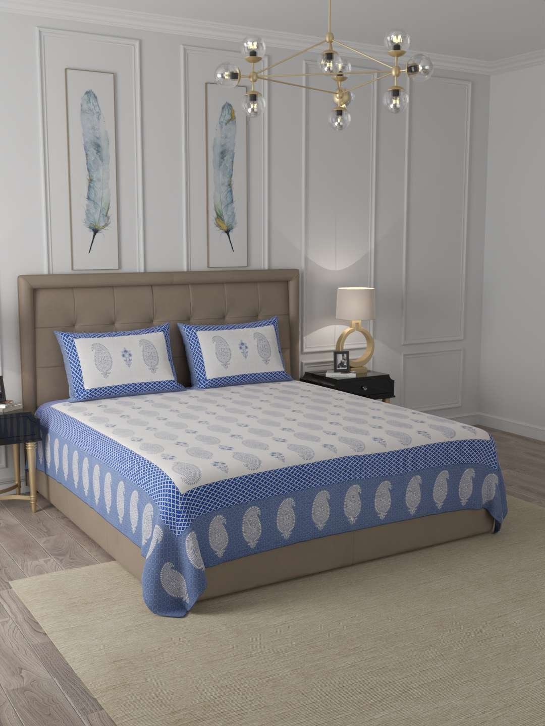 100% Pure Cotton Traditional Printed Bedsheet for Double Bed King Size Bedsheet with 2 Pillow Covers
