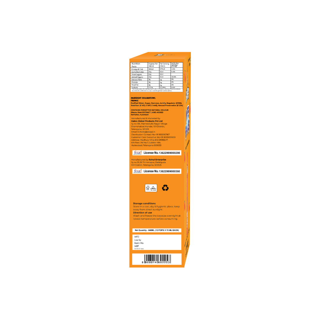 Orange Flavor Skippi Natural Ice Pop, Pack of 12 Ice Pops