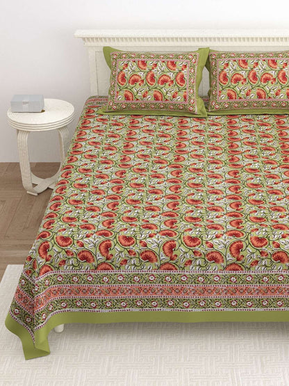 100% Pure Cotton Traditional Printed Bedsheet for Double Bed King Size Bedsheet with 2 Pillow Covers