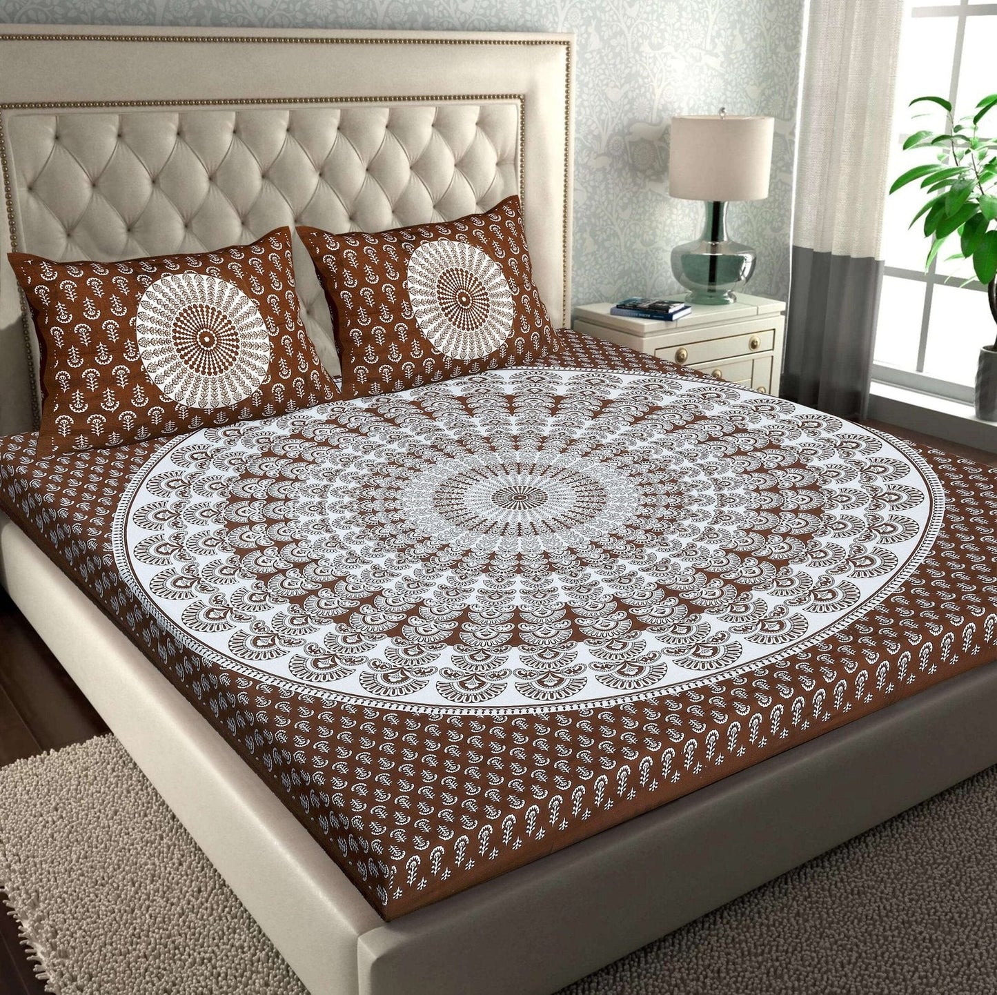 100% Pure Cotton Traditional Printed Bedsheet for Double Bed King Size Bedsheet with 2 Pillow Covers