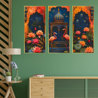 Set of Three large Wall Paintings for Wall Dacoration Golden Framed Wall Paintings for Living Room & Bedroom Wall Art for Home Decoration & Office Wall Décor (14×11 inch CH-LGD3-1)