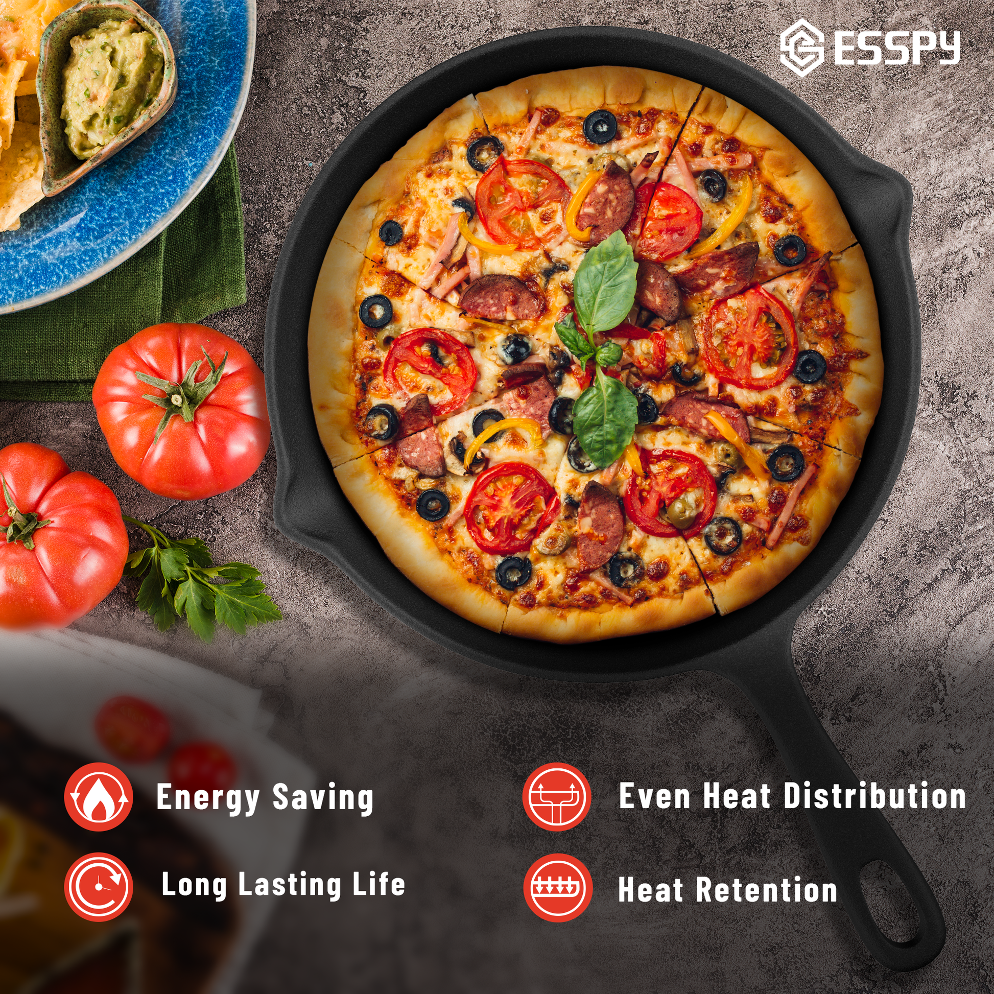 Esspy 8 inch Cast Iron Frying Pan/Skillet With Silicon Handle Cover | Pre-Seasoned, Induction Friendly | Non-Stick Pan | 100% Pure Cast Iron, Toxin-Free & Chemical-Free | Black