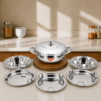 PrayLady Triplus Pro Mini Multi Kadai 21cm Idli Pot Dhokla Momo Steamer 10 Idlis 2 Idli Plates 1 Dhokla Plate 1 Steamer Plate