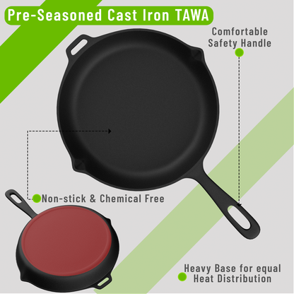 Esspy 10 inch Cast Iron Frying Pan/Skillet With Silicon Handle Cover | Pre-Seasoned, Induction Friendly | Non-Stick Pan | 100% Pure Cast Iron, Toxin-Free & Chemical-Free | Black