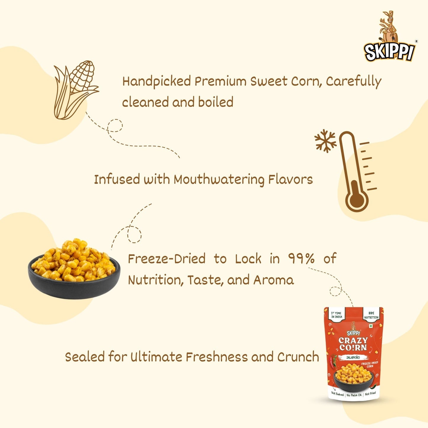 White Choco Skippi (2 Packs) Crispy Crazy Corn Kernels , Freeze Dried Sweet Corn in Pack of 2