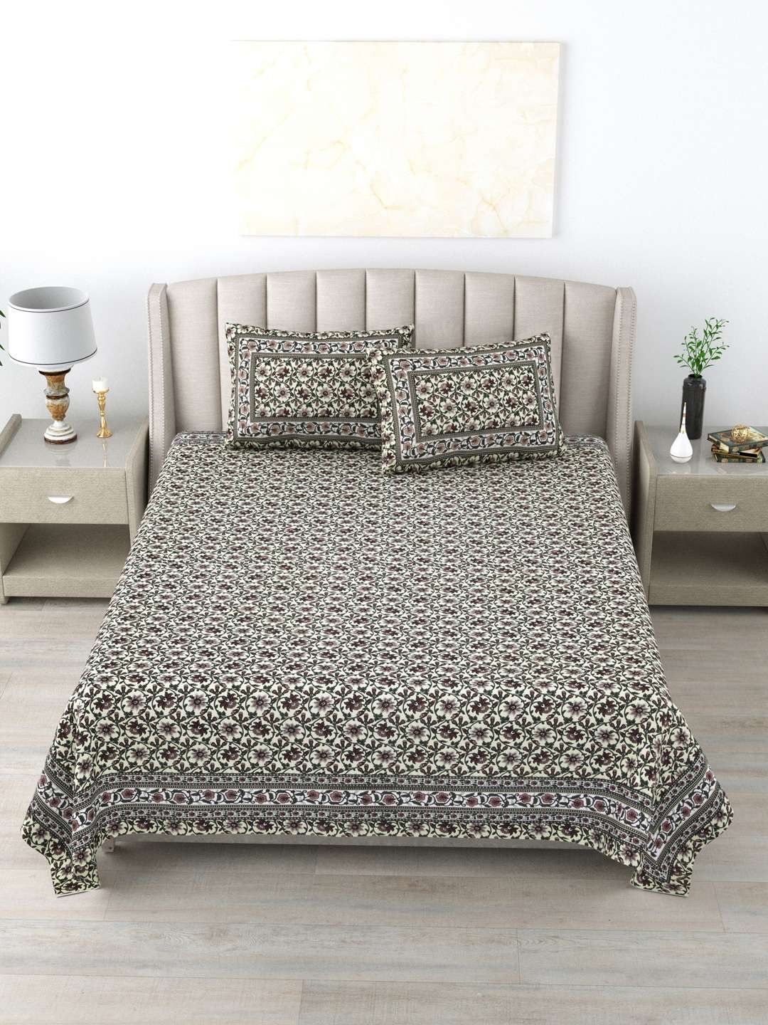 100% Pure Cotton Traditional Printed Bedsheet for Double Bed King Size Bedsheet with 2 Pillow Covers
