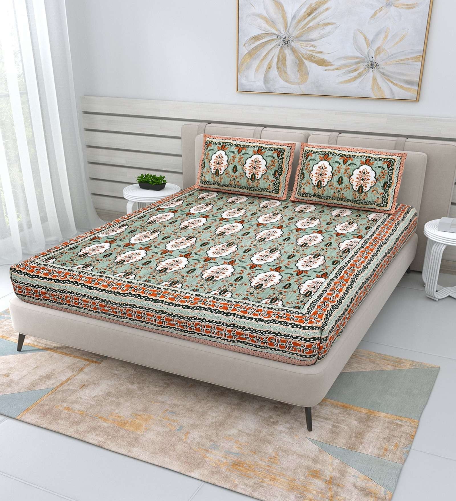100% Pure Cotton Traditional Printed Bedsheet for Double Bed King Size Bedsheet with 2 Pillow Covers