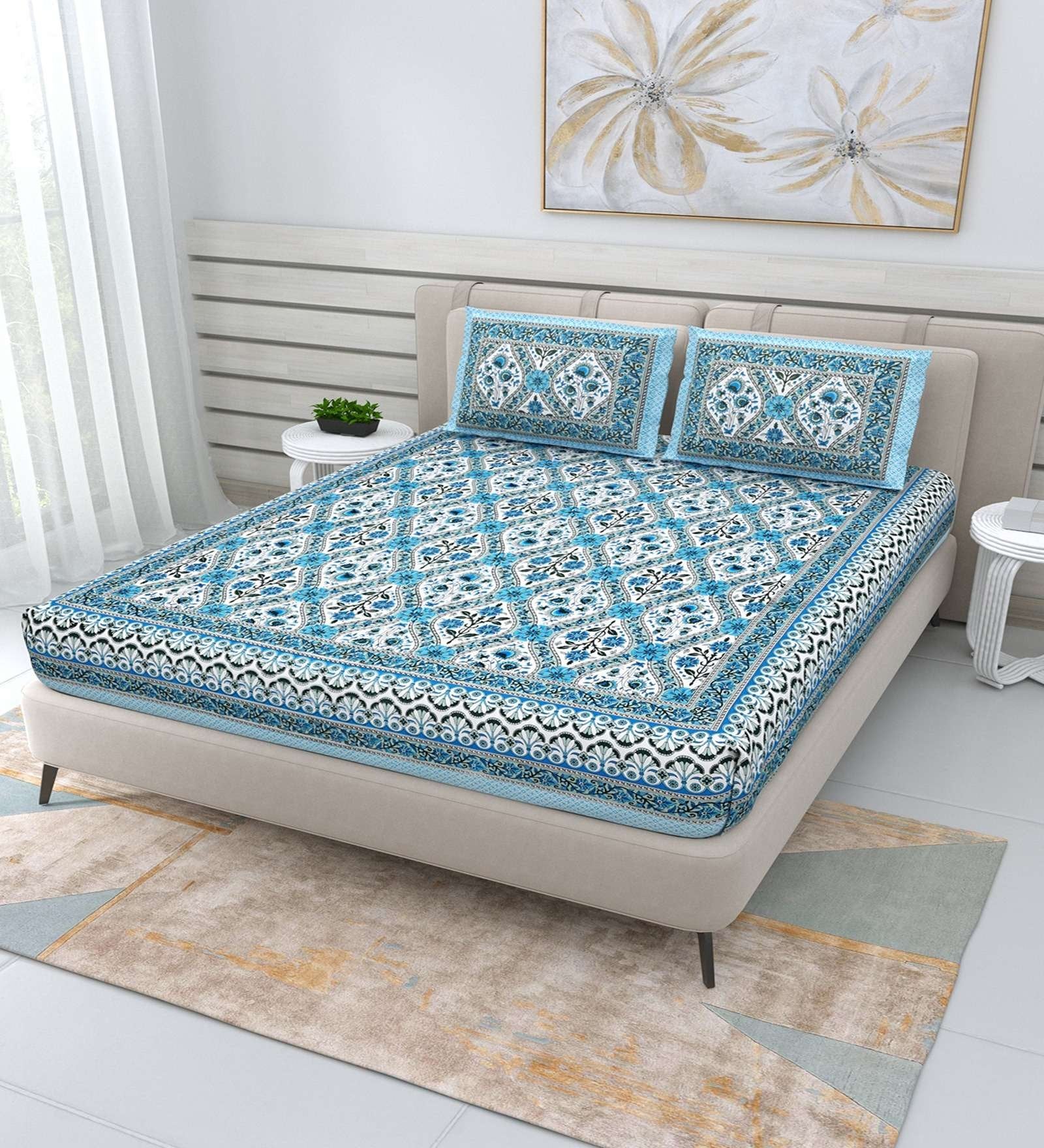100% Pure Cotton Traditional Printed Bedsheet for Double Bed King Size Bedsheet with 2 Pillow Covers