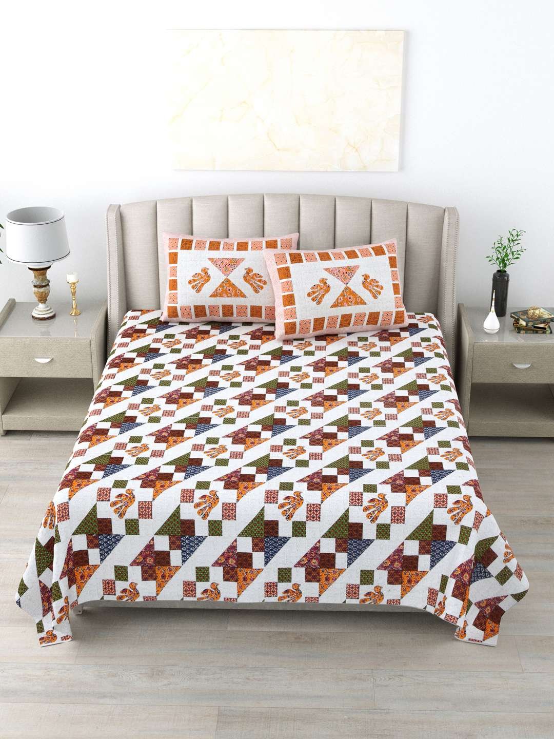 100% Pure Cotton Traditional Printed Bedsheet for Double Bed King Size Bedsheet with 2 Pillow Covers