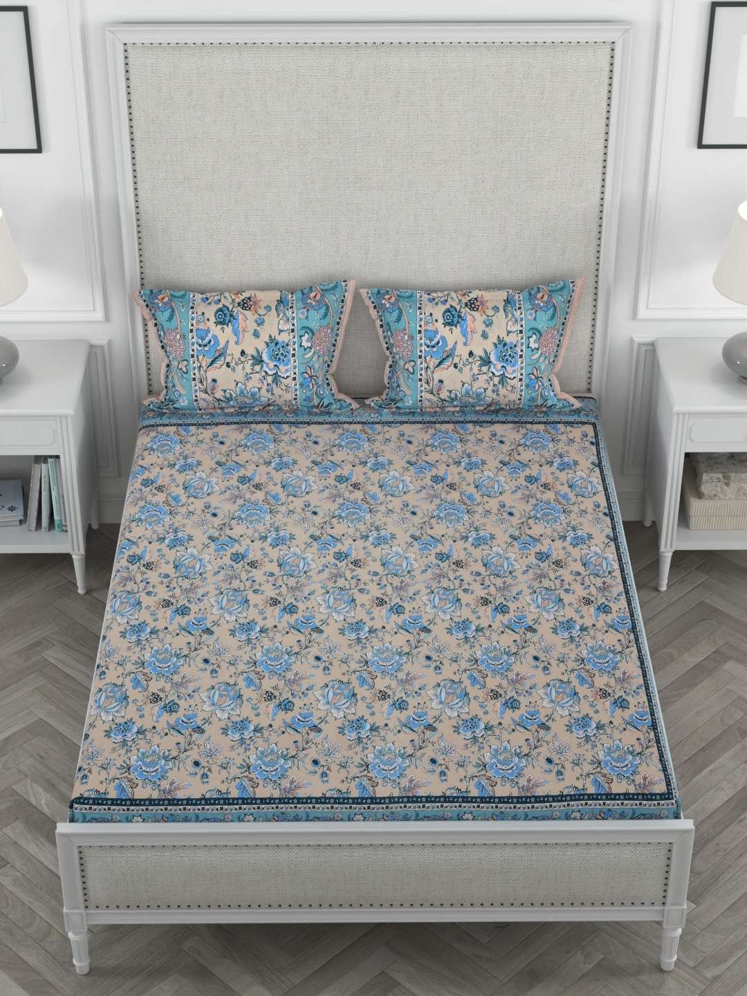 100% Pure Cotton Traditional Printed Bedsheet for Double Bed King Size Bedsheet with 2 Pillow Covers