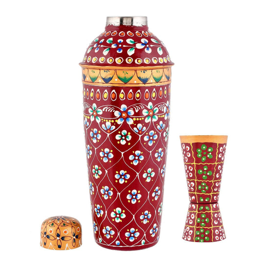 Aluminum Hand-Painted Red Aluminium Water Bottle & Glass Set with Floral Design