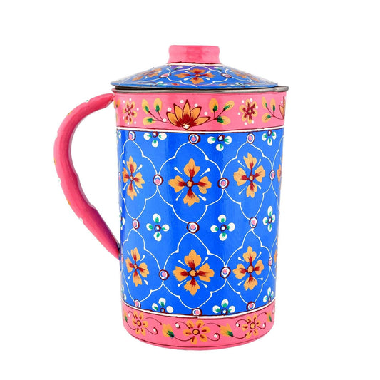 Aluminium Jug Hand-Painted Floral Enamel Jug Blue & Pink - 21 cm
