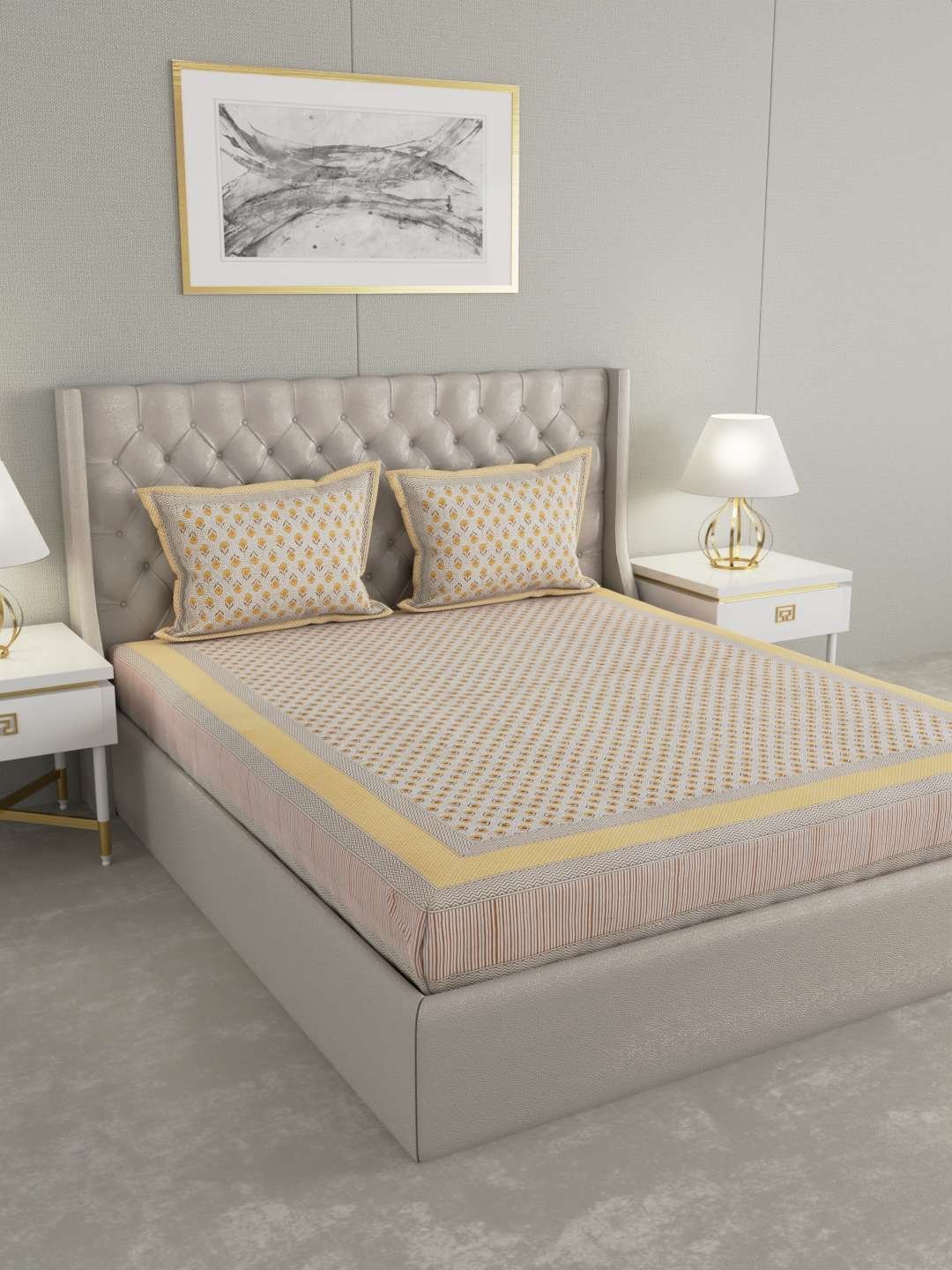 100% Pure Cotton Traditional Printed Bedsheet for Double Bed King Size Bedsheet with 2 Pillow Covers
