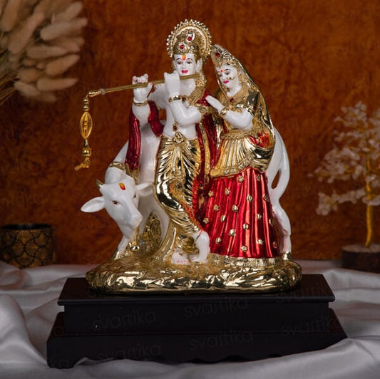 Svastika Radha Krishna Statue with Cow - 14.5 Inch