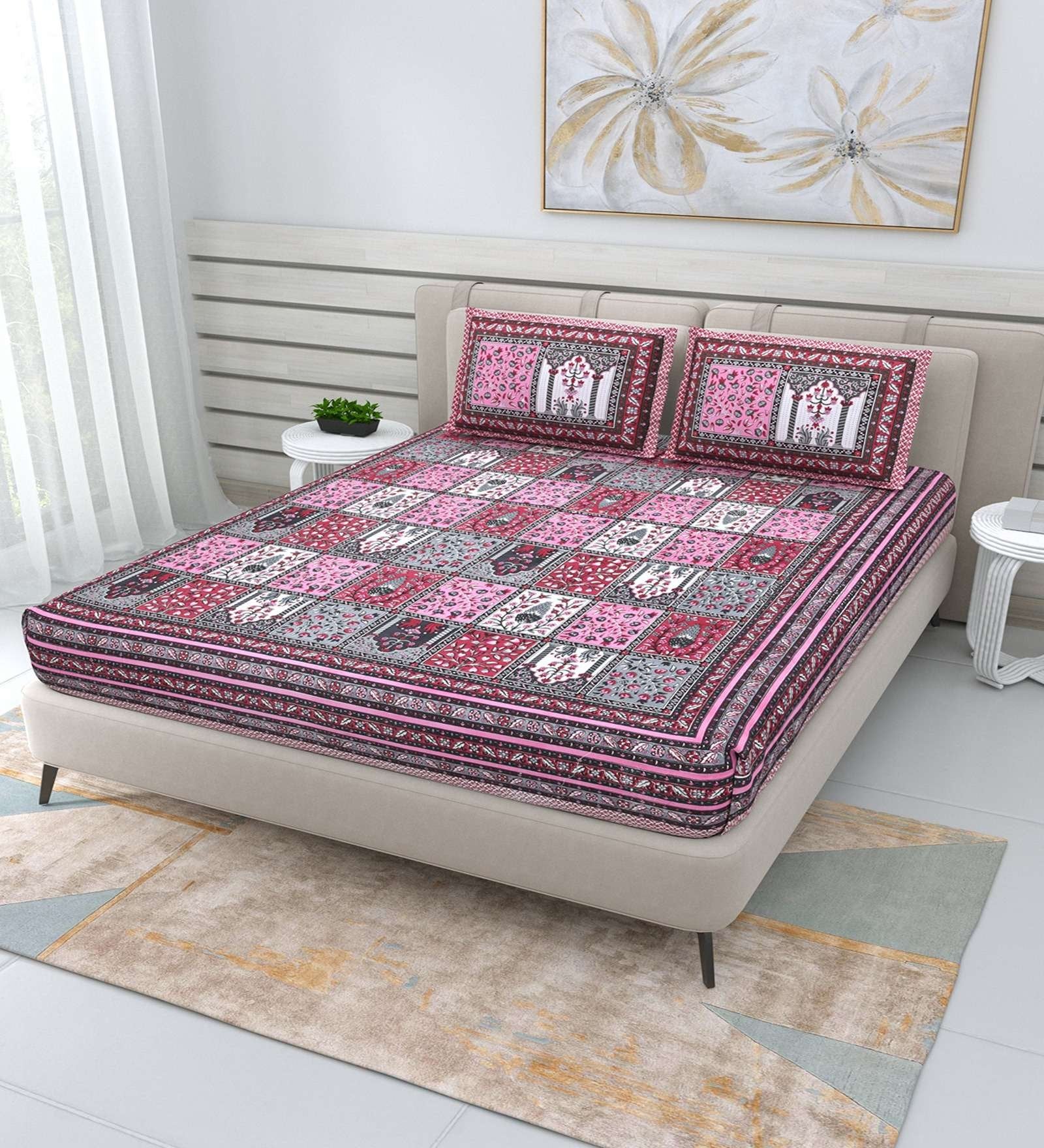 100% Pure Cotton Traditional Printed Bedsheet for Double Bed King Size Bedsheet with 2 Pillow Covers