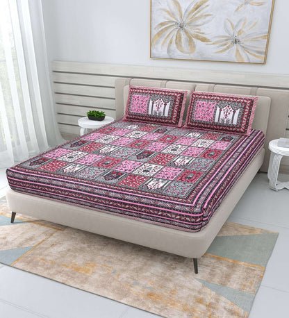 100% Pure Cotton Traditional Printed Bedsheet for Double Bed King Size Bedsheet with 2 Pillow Covers