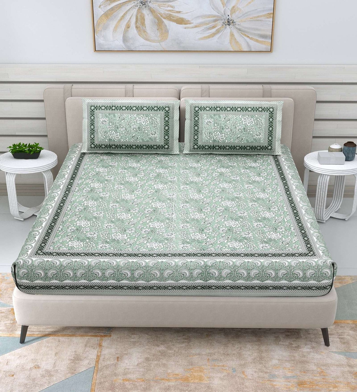 100% Pure Cotton Traditional Printed Bedsheet for Double Bed King Size Bedsheet with 2 Pillow Covers