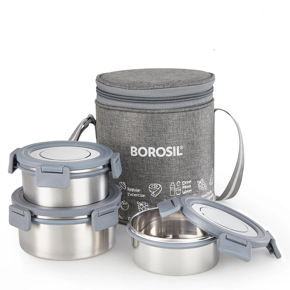 Borosil Slate Stainless Steel Lunchbox Set of 3 Tall (460ml+280ml×2)