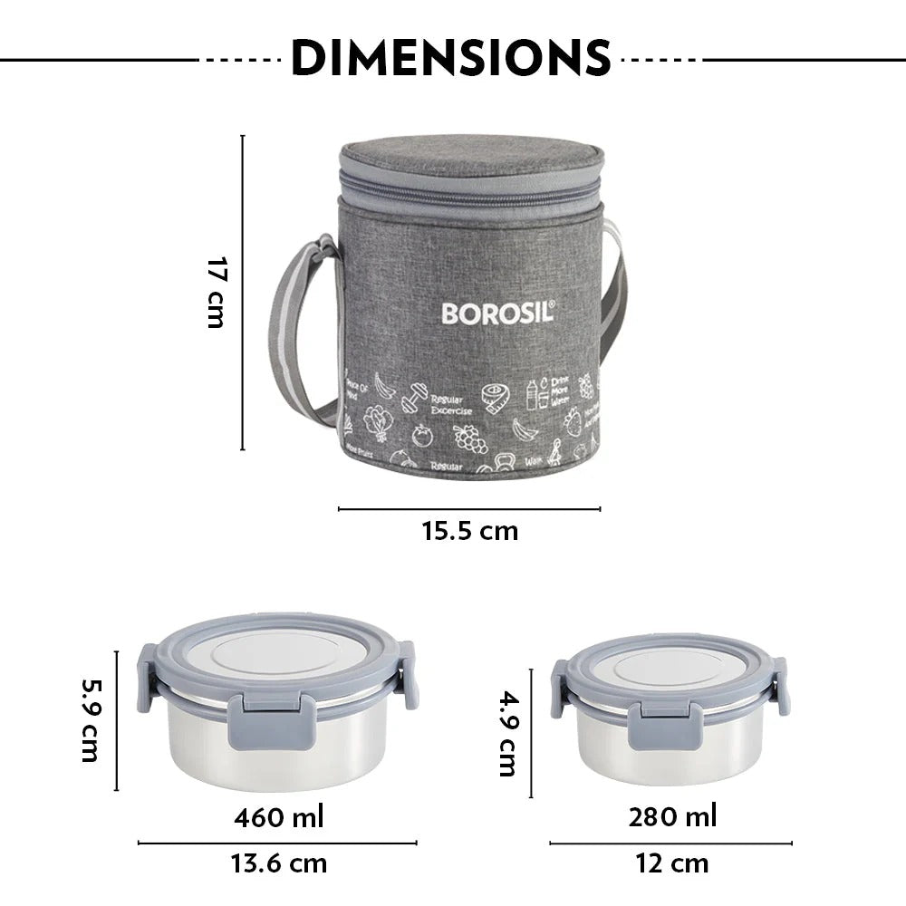 Borosil Slate Stainless Steel Lunchbox Set of 3 Tall (460ml+280ml×2)