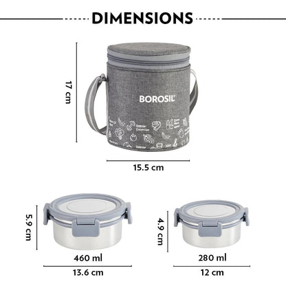 Borosil Slate Stainless Steel Lunchbox Set of 3 Tall (460ml+280ml×2)