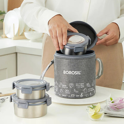 Borosil Slate Stainless Steel Lunchbox Set of 3 Tall (460ml+280ml×2)