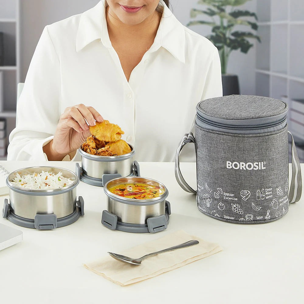 Borosil Slate Stainless Steel Lunchbox Set of 3 Tall (460ml+280ml×2)