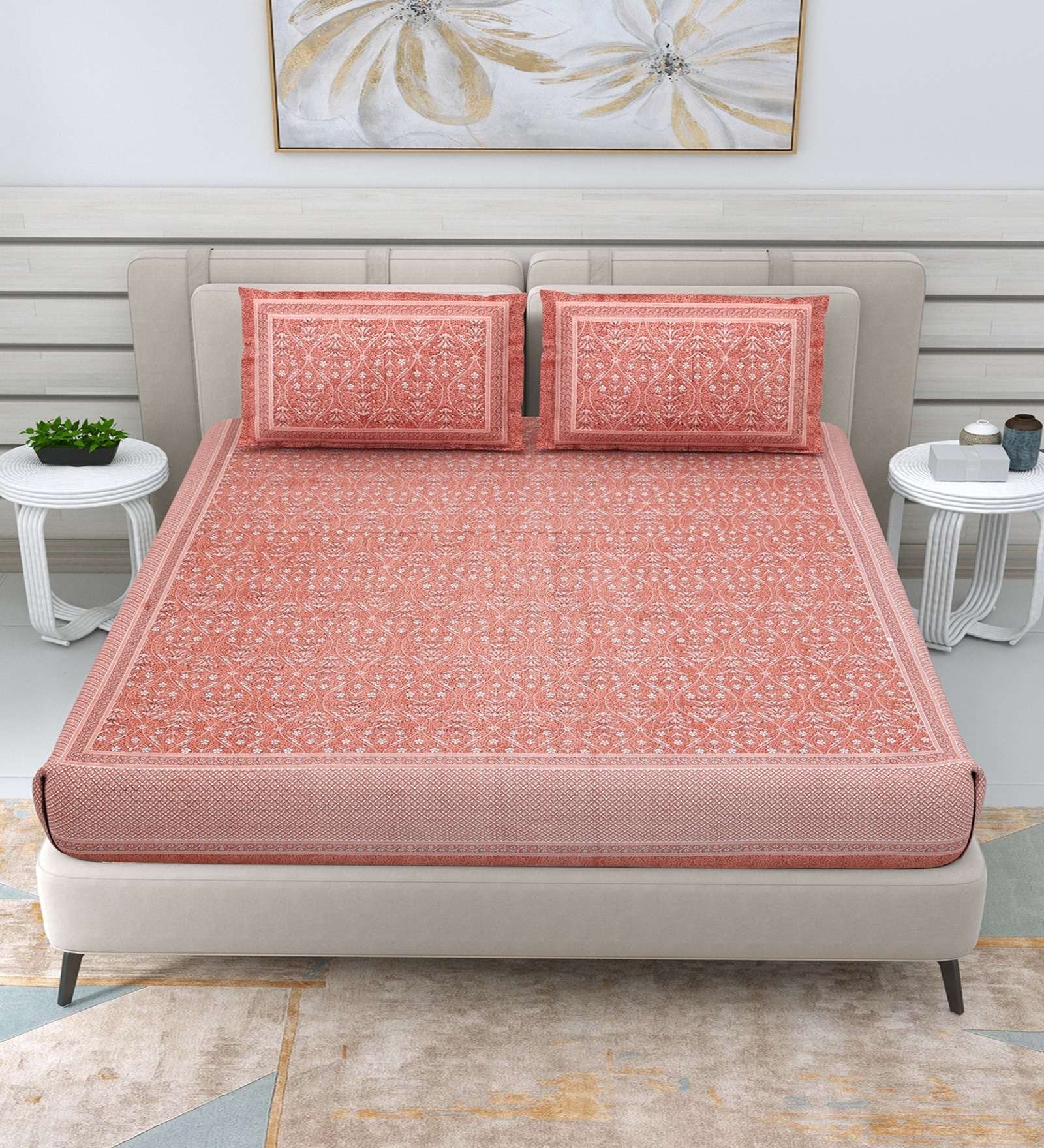 100% Pure Cotton Traditional Printed Bedsheet for Double Bed King Size Bedsheet with 2 Pillow Covers