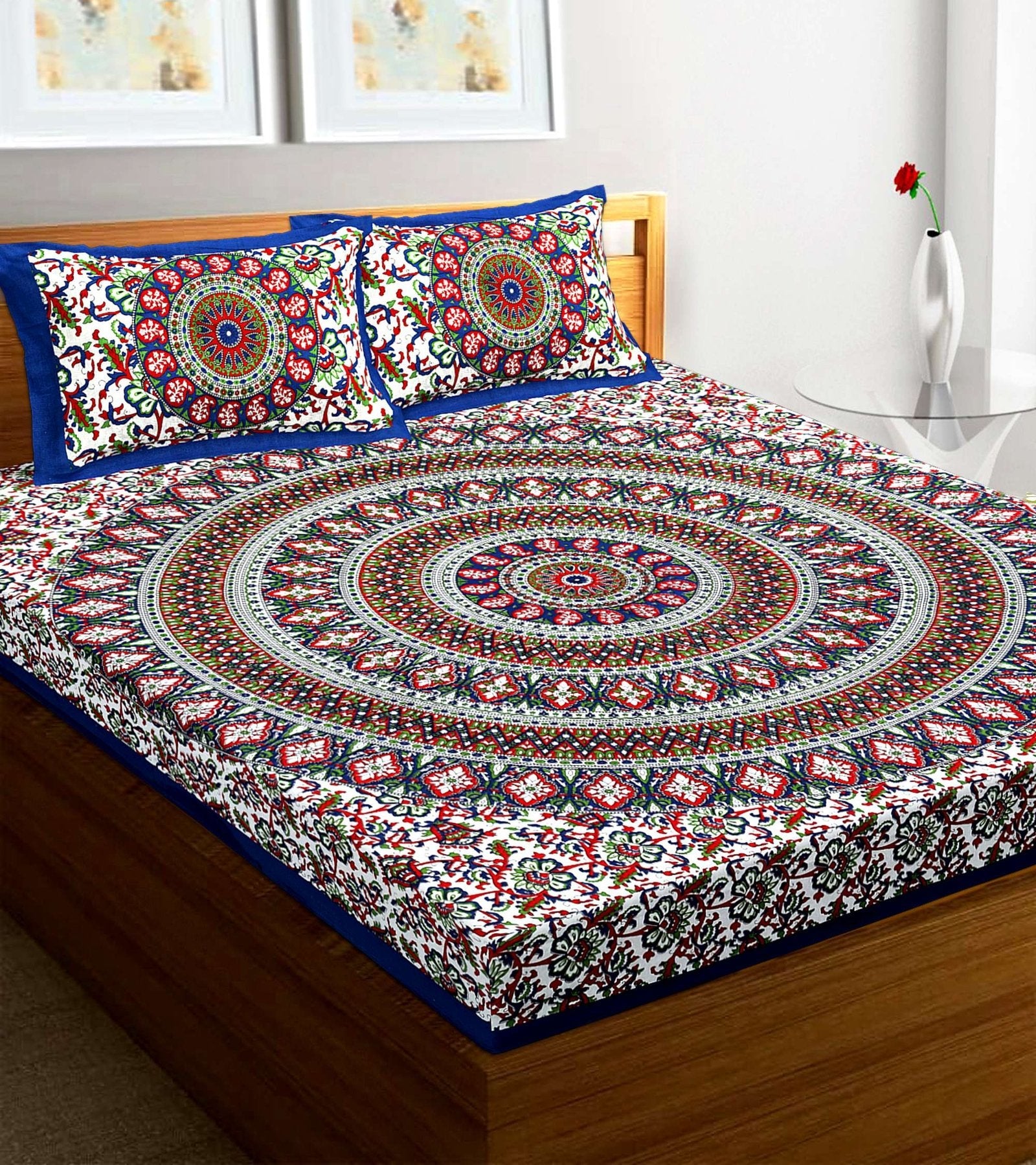 100% Pure Cotton Traditional Printed Bedsheet for Double Bed King Size Bedsheet with 2 Pillow Covers
