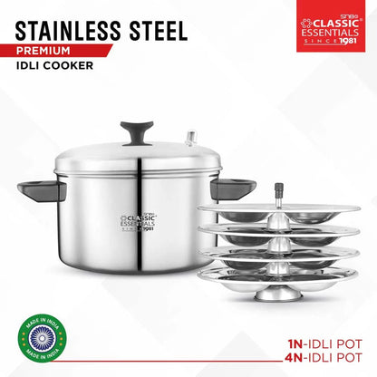 Classic Essentials Stainless Steel Outer Lid Induction Bottom Idli Cooker 4 Plate 16pcs