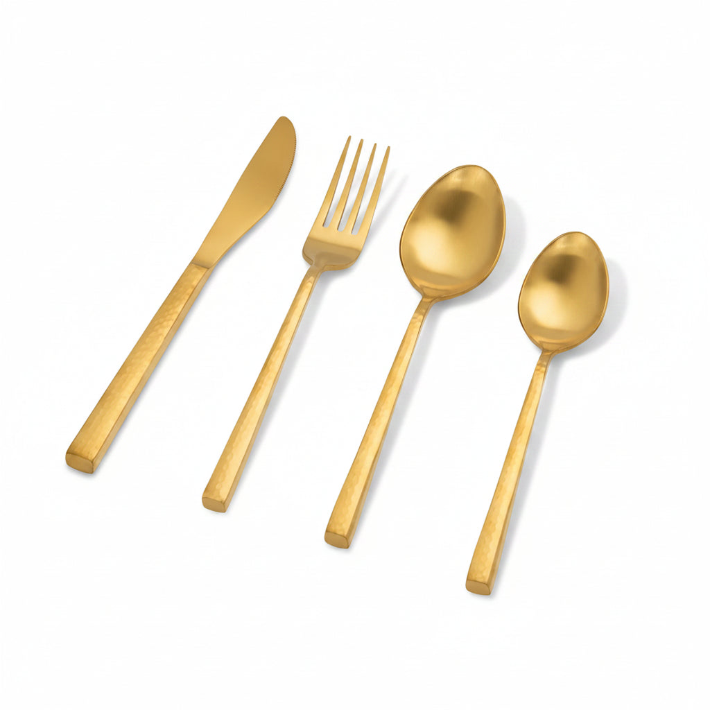 Ellementry Norah Gold Hammered Cutlery Set of 4 Stainless Steel Food Grade Dishwasher Safe Spoon Fork Knife