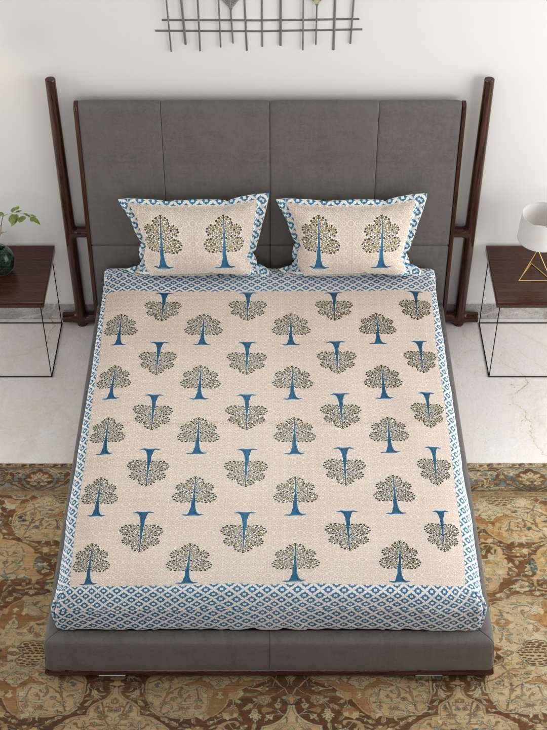 100% Pure Cotton Traditional Printed Bedsheet for Double Bed King Size Bedsheet with 2 Pillow Covers