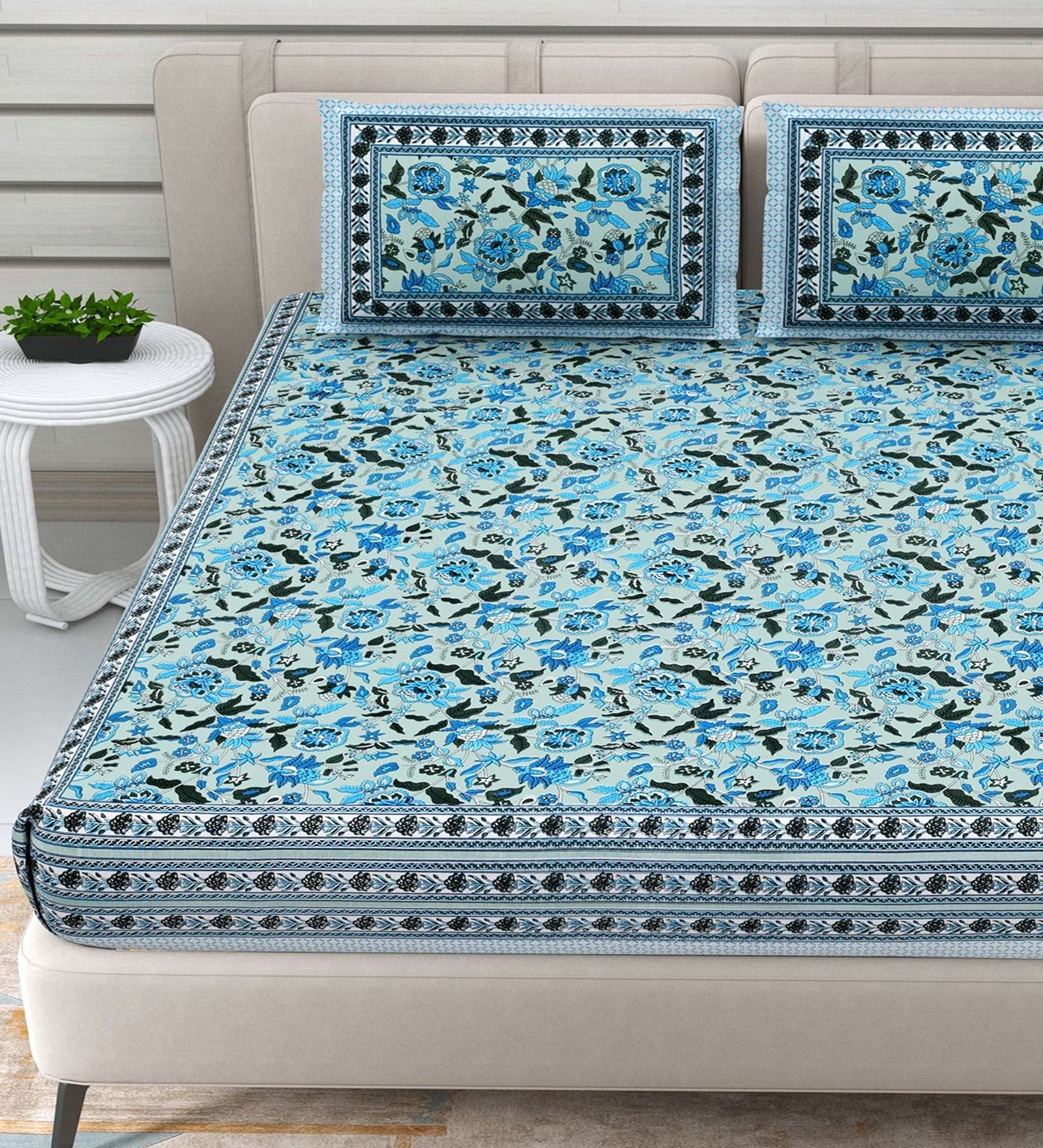 100% Pure Cotton Traditional Printed Bedsheet for Double Bed King Size Bedsheet with 2 Pillow Covers