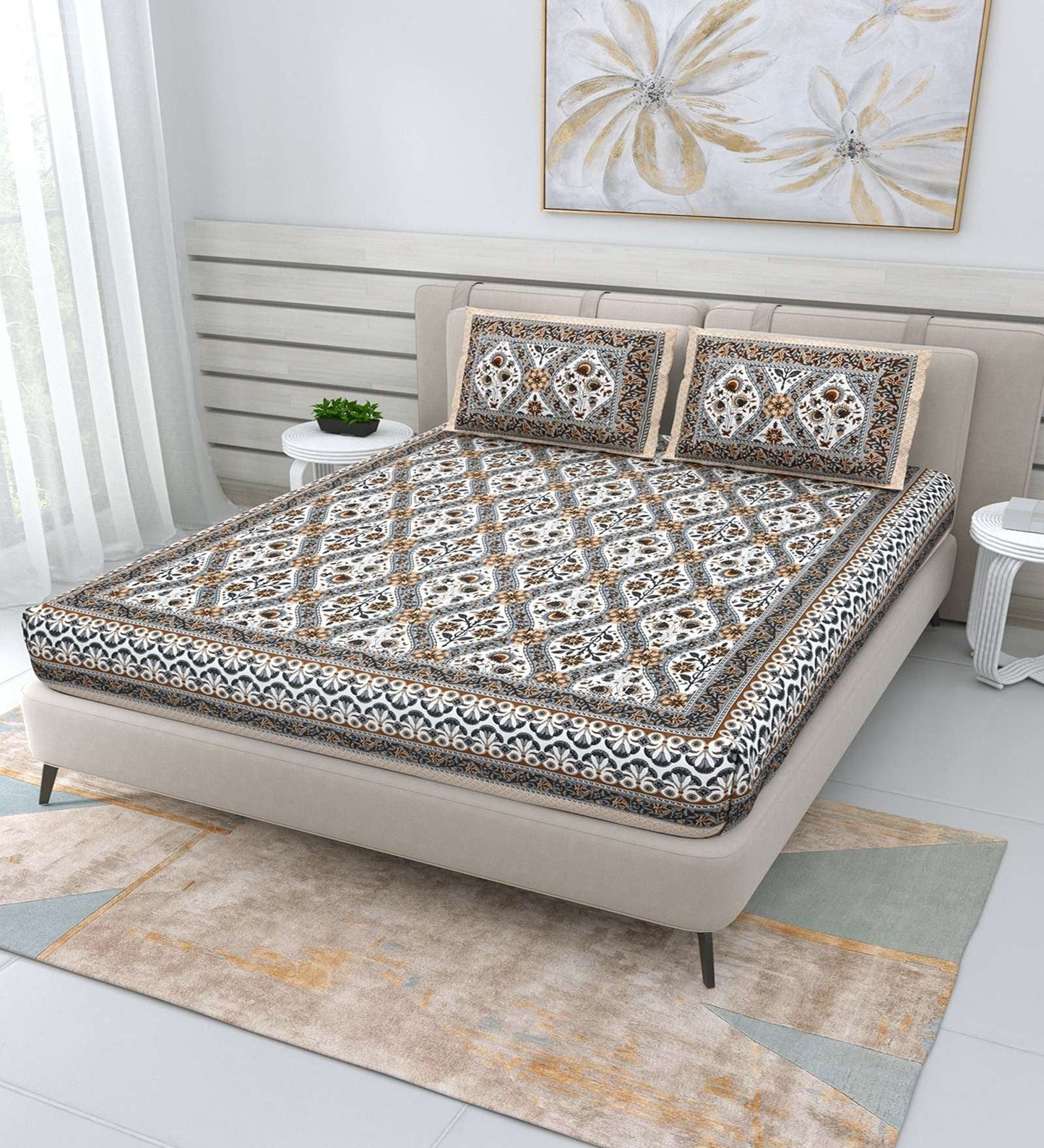 100% Pure Cotton Traditional Printed Bedsheet for Double Bed King Size Bedsheet with 2 Pillow Covers