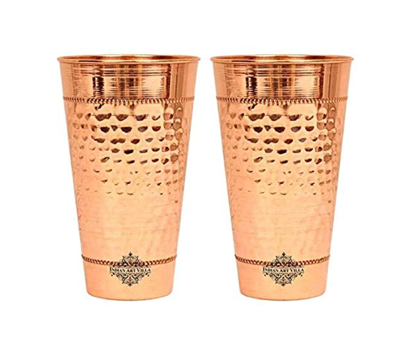 India Art Villa Hammered Copper Big Lassi Glass Tumbler Cup with 2 Rings