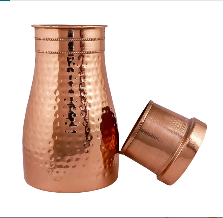 KC Pure Copper Designer Copper Water Bottle Carafes with Tumbler/Glass with Lid - 1250 ML